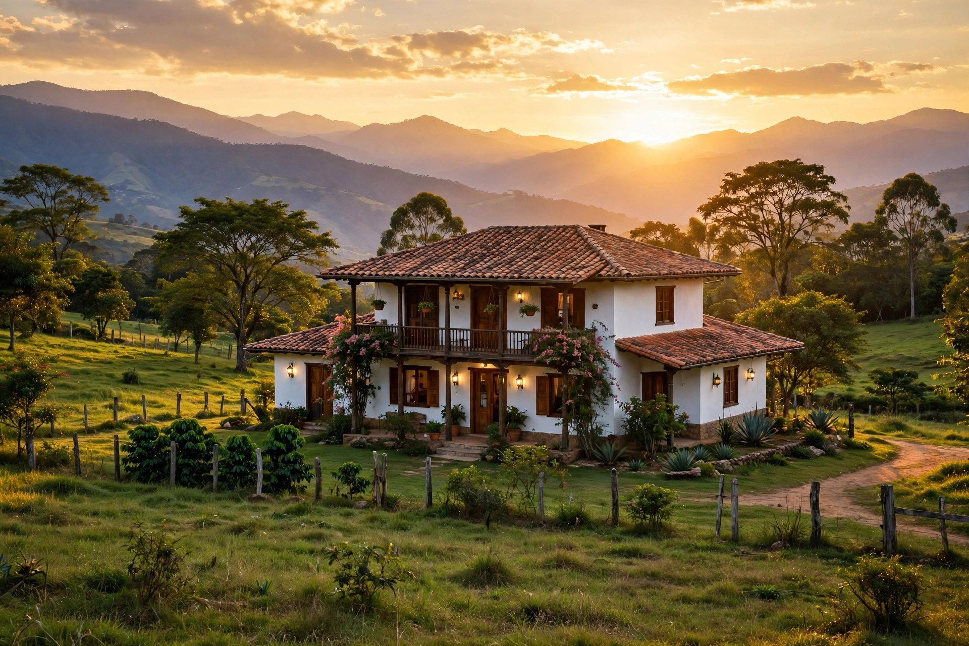 Casa de finca tradicional con techo de teja entre pastos verdes y árboles