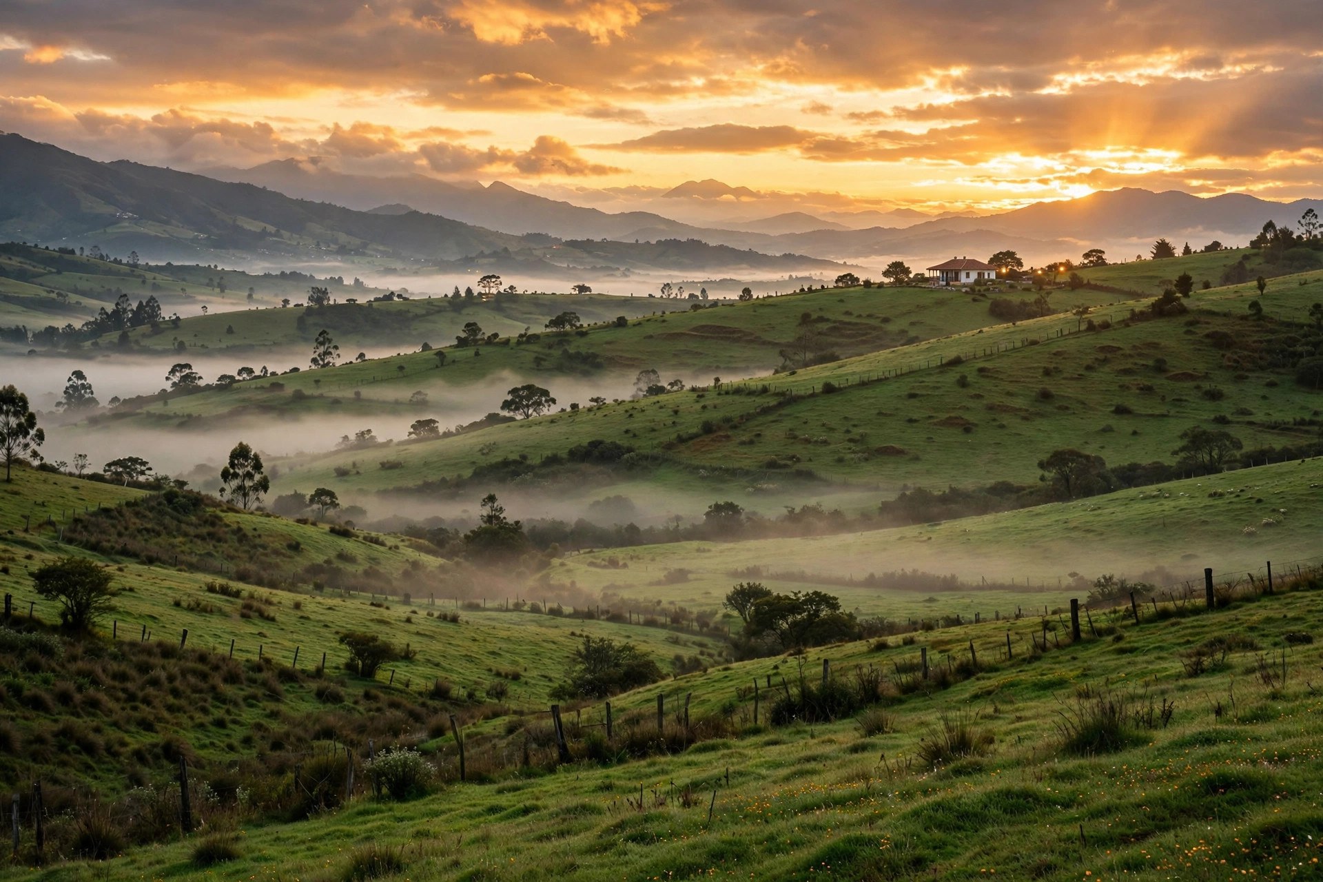 Colinas verdes de la sabana de Bogotá a la luz dorada, con una finca a lo lejos